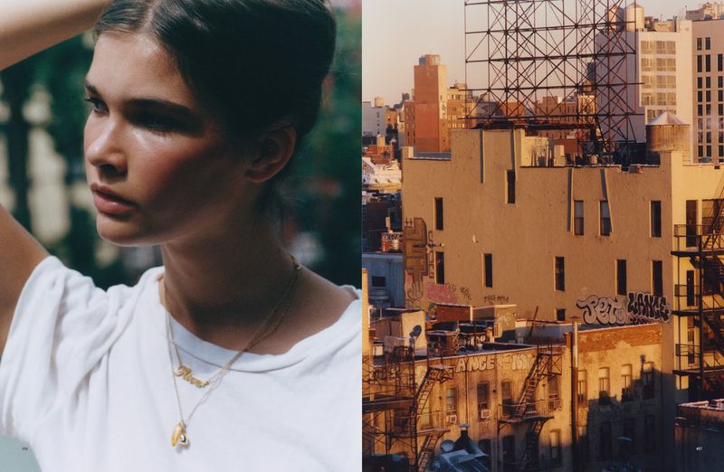 Split screen fashion shot: woman in white tee with gold necklace & cityscape with buildings, graffiti, and antennas.