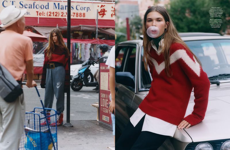 Split-screen fashion editorial featuring a woman in a red sweater with a bubblegum bubble, contrasted with a city street scene.