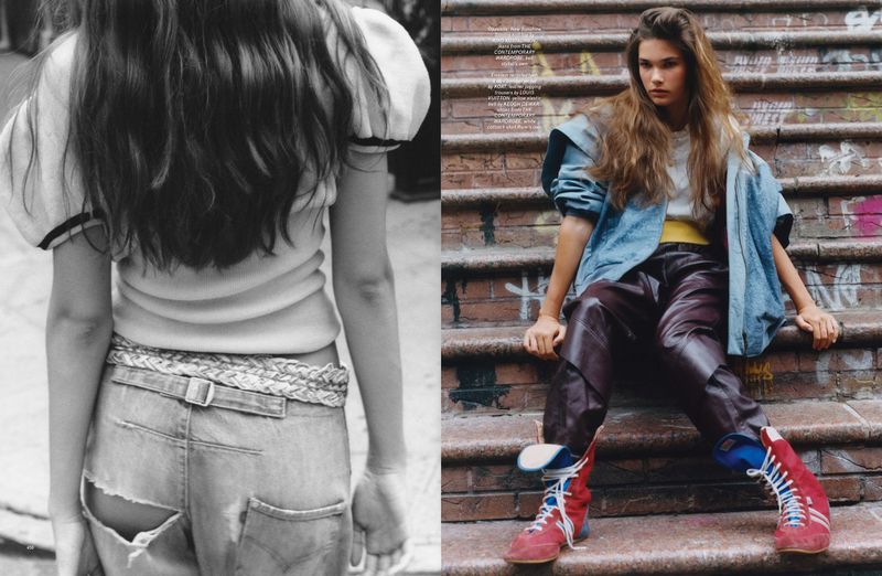 A split view of a black and white shot of a child's back and a color image of a model sitting on steps in a denim jacket and pants.