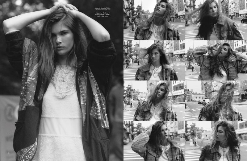 Black and white fashion shot of a woman in an overcoat in a city street. A grid of portraits shows multiple angles and poses.