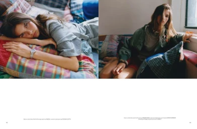Two side-by-side fashion portrait photos of a young female model resting on a patterned bed with plaid pillows.