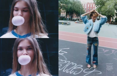 Model River Klein blowing bubblegum on the left and posing in a blue knit sweater and patchwork jeans on an asphalt court on the right.