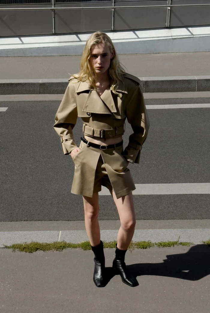 Model wearing a cropped beige trench jacket and matching tailored shorts standing on a paved street in direct sunlight.