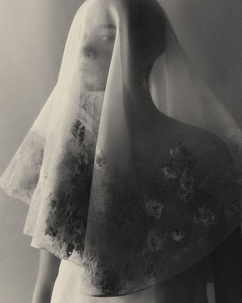 Monochrome studio portrait of a female with a lace veil. Soft, diffused lighting highlights the delicate fabric and subtle facial features.