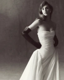 Model in strapless white gown and long black leather gloves against a textured dark studio background