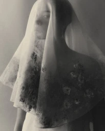 A portrait of a model wearing a sheer veil over the head and shoulders, captured in a soft, monochromatic aesthetic.