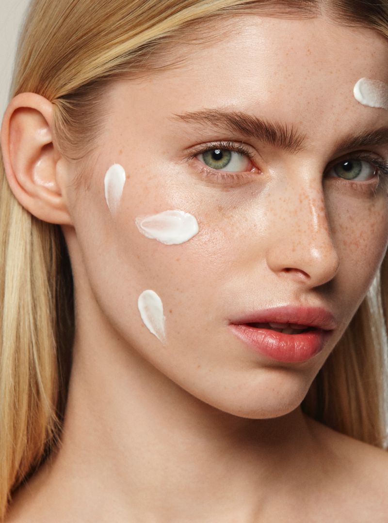 Close-up studio shot of a young fair-skinned woman with blonde hair and freckles, posing with cosmetic cream on her face.