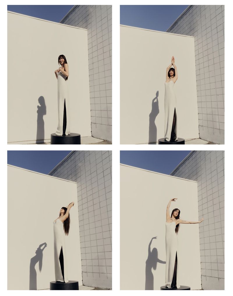Collage of a woman in a long white dress striking different poses on a pedestal against a white exterior wall and blue sky.