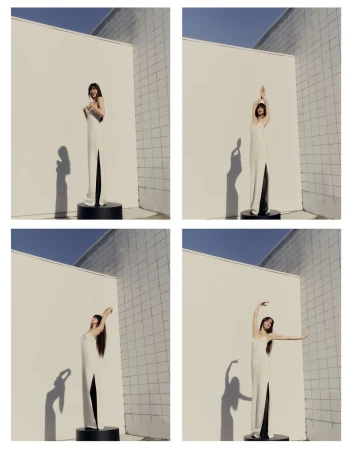 Collage of a woman in a long white dress striking different poses on a pedestal against a white exterior wall and blue sky.