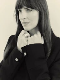Dakota Johnson wearing a dark jacket with hands held up to her collar against a plain light background