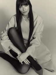 Dakota Johnson sitting on a white seamless backdrop wearing a light coat and dark tights for Gucci.