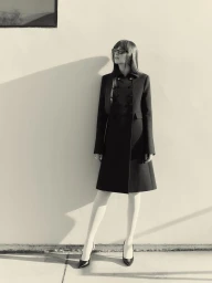 Dakota Johnson in a dark coat standing against a plain light wall with harsh shadows in a black and white portrait.