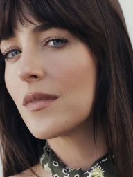 Close-up portrait of Dakota Johnson with dark hair and bangs wearing an olive patterned scarf against a light background