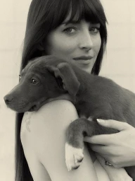 Dakota Johnson holding a puppy in a monochrome portrait for Gucci photographed by Su Mustecaplioglu