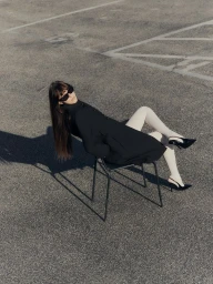 Dakota Johnson in sunglasses and a black coat seated on a chair on an asphalt surface for Gucci.
