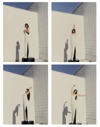 Four-panel image showing Dakota Johnson posing in a long white dress on a pedestal against a white tiled wall under clear blue sky.