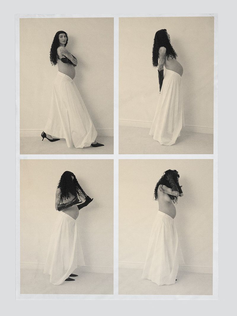 Four-panel collage features a pregnant woman in a white skirt, posing in a studio with varied stances, creating a portrait series.