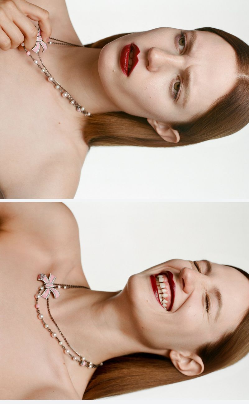 A woman with red lips wears a pearl necklace with a pink pendant in a diptych portrait on a white background.
