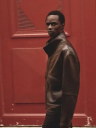 Model Malick Bodian wearing a brown leather jacket against a red door for Massimo Dutti Rendez-vous
