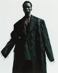 A Black male model poses in an oversized black textured fringe coat against a stark white seamless backdrop.