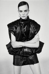 Model Aylah Peterson wearing a black leather jacket and shorts with arms crossed for Rush Love by Justin Woo