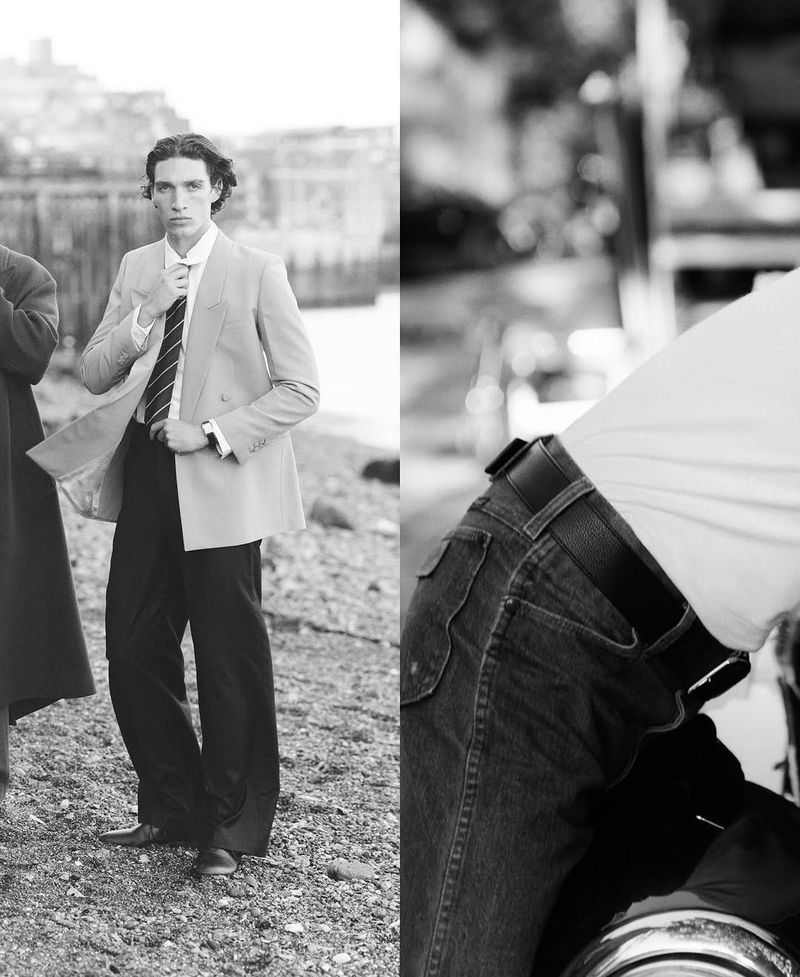 Black and white fashion shot. Man in suit adjusting tie, and lower body shot of person wearing jeans and belt.