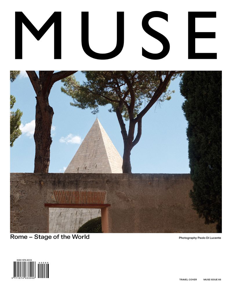 Muse magazine cover featuring the Pyramid of Cestius in Rome framed by trees and a stone wall, evoking a sense of historical travel and editorial design.