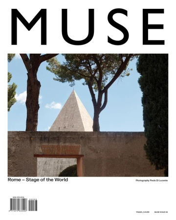 Muse magazine cover featuring the Pyramid of Cestius in Rome framed by trees and a stone wall, evoking a sense of historical travel and editorial design.