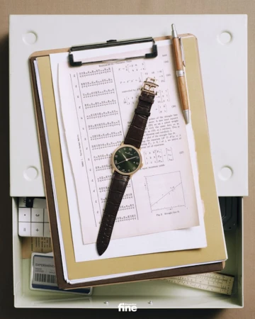 Elevated view of a brown leather wristwatch, wooden pen, and clipboard with diagrams atop an open filing cabinet drawer.