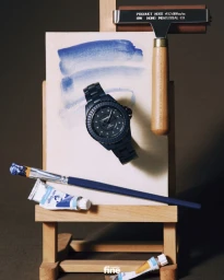 Black ceramic wristwatch mounted on a miniature wooden easel beside a blue paintbrush, paint tubes, and a printmaking roller.