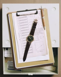 Gold wristwatch with brown leather strap displayed over scientific papers on a clipboard inside an open desk drawer.