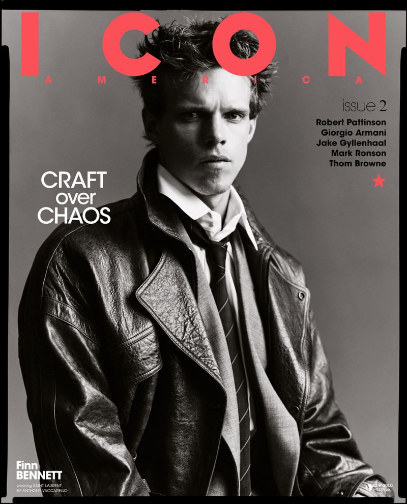 Magazine cover featuring a portrait of Finn Bennett, with headlines "Craft Over Chaos" and names like Robert Pattinson, Giorgio Armani.