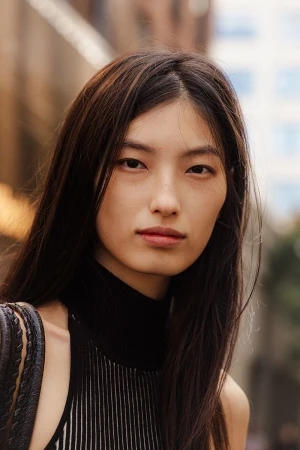 Portrait of a young Asian woman with long dark hair wearing a black top, posing in an outdoor urban setting.