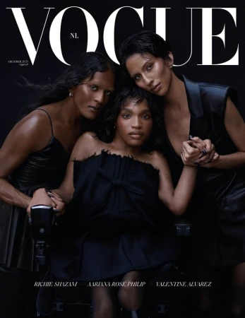 Vogue NL magazine cover, October 2023: features three women, Aariana Rose Philip seated in a wheelchair, Richie Shazam, and Valentine Alvarez.