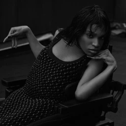 Aaron Rose Philip posing in a wheelchair wearing a textured dark sleeveless knit dress in a black and white editorial portrait.