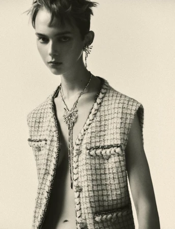 Monochrome studio portrait of a stylish adult woman with short hair wearing a tweed vest and ornamental jewelry, set against a neutral backdrop.