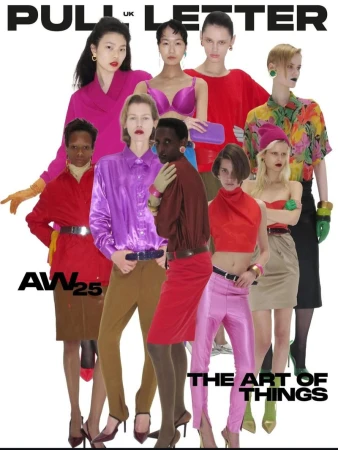 Fashion editorial featuring a diverse group of women in colorful vintage-inspired clothing. PULL LETTER UK magazine cover.