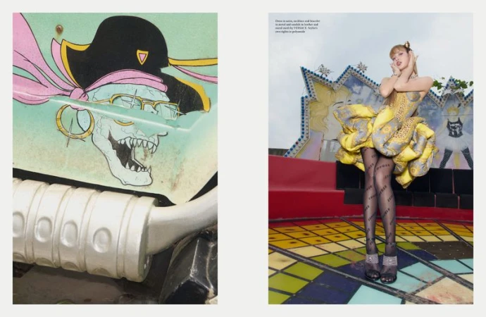 Fashion editorial shot of a female model in a yellow dress on a checkered platform, with a close-up of a children's ride car detail.