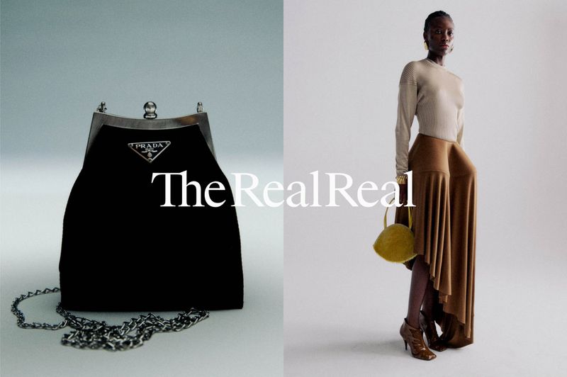 Fashion editorial featuring a Prada purse and a model in a beige top and brown skirt, minimalist studio backdrop, stylish clothing.