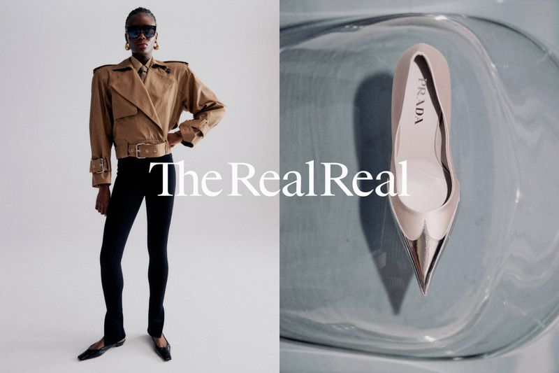 A fashion-forward composition split between a posed Black woman in a tan jacket and black leggings, and a Prada heel on a light blue reflective surface.
