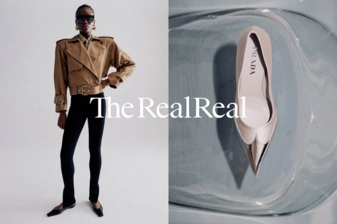 A fashion-forward composition split between a posed Black woman in a tan jacket and black leggings, and a Prada heel on a light blue reflective surface.