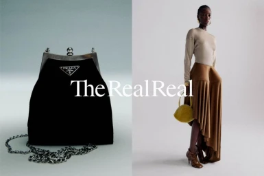 Model wearing ribbed beige top and flared brown skirt holding a small yellow bag next to a black Prada handbag on a seamless background
