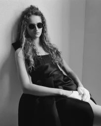 Model wearing round dark sunglasses, a black satin dress, and light gloves leaning against a wall in black and white.