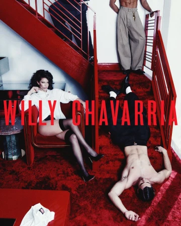 Fashion editorial: woman in chair, men on stairs, red carpet, and 'Willy Chavarria' text for brand promotion.  