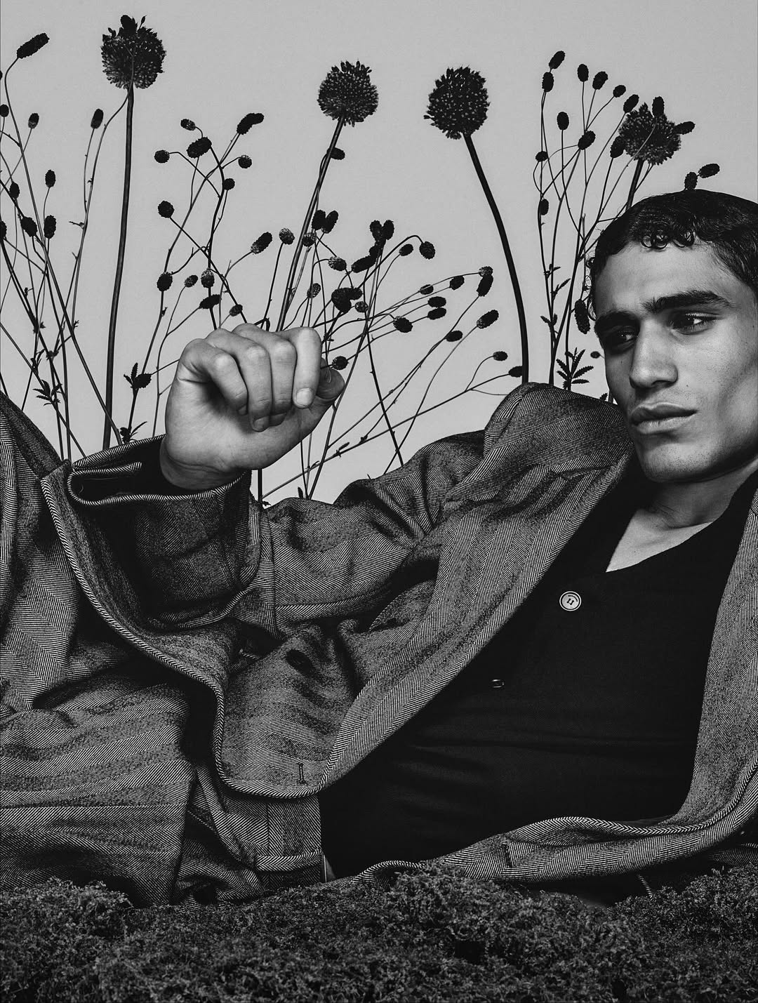 Monochrome portrait of a man reclining in a coat, gazing off-camera, with silhouetted floral background, and a mossy surface below.