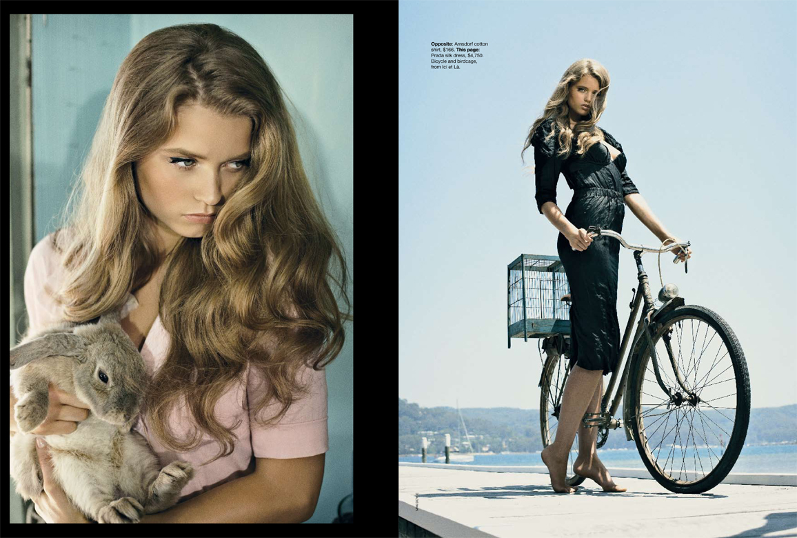 A fashion-style composite image showing a young woman in a pink top holding a rabbit and a woman in a black dress with a bicycle.