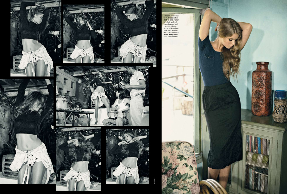 Collage of a woman dancing in black and white, next to a color image of a woman standing in a blue top and black skirt indoors.