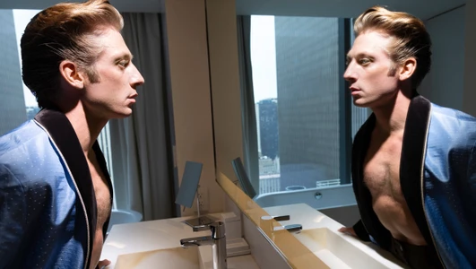 Jeremy Allen White in an open light blue jacket with black lapels looking into a bathroom vanity mirror in front of a city window.