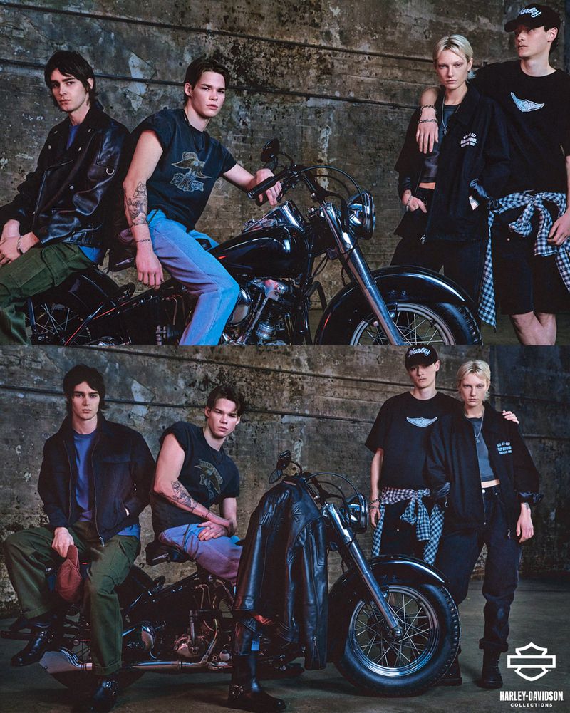 Two split frame showing two male couples with a vintage motorcycle in a studio with a grey brick wall backdrop. Motorcycle fashion