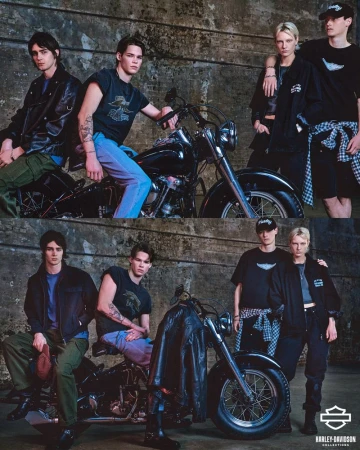 Group of four models posing with a motorcycle against a dark industrial concrete wall for Harley Davidson
